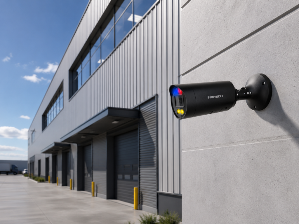 Cameras, access reader and alarm keypad at a business entrance — one integrated system