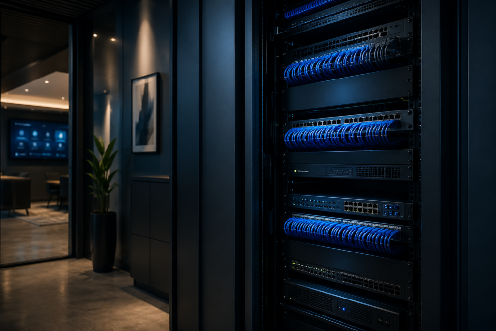 Labelled network rack with structured cabling