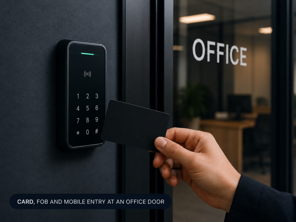 Card, fob and mobile entry at an office door