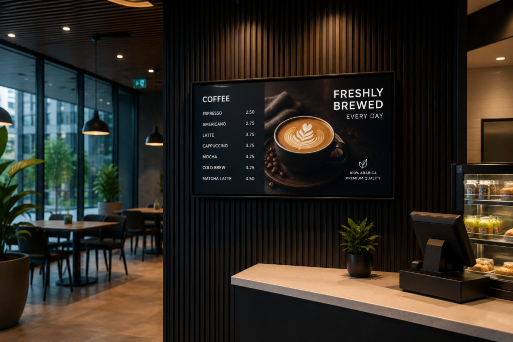 Digital menu boards above a service counter